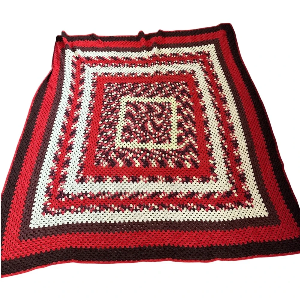 Vintage Granny Square Crochet Blanket Afghan Throw Retro Brown‎ Handmade 68x66